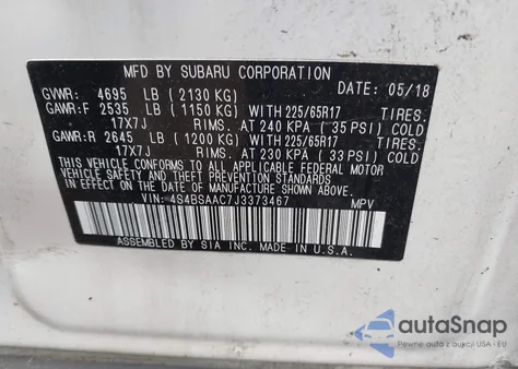 2018 Subaru Outback 2.5I z USA, uszkodzony, nr VIN 4S4BSAAC7J3373467